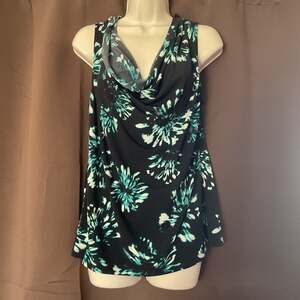 Wentworth Black and Teal Floral Cowl Neck Sleeveless Blouse - Size L